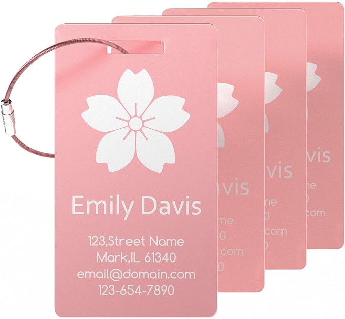 4 Personalized Metal Luggage Tags for Suitcase, Laser Engraved with Text and Logo, Custom Aluminum Name Tags with Stainless Steel Ring, for Travel, Golf Bag, and Baggage (Pink)