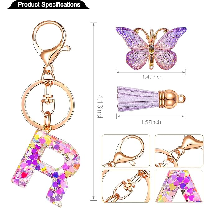 JINGUAZI Initial letter Keychains for Women Tassel Butterfly Pink Purple Cute Car Keychain for Wallet Backpack bag charm