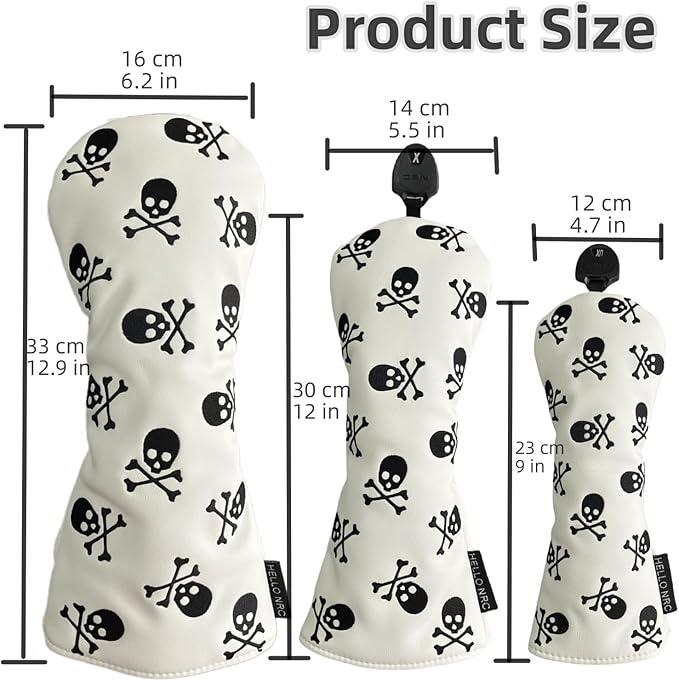 Golf Club Headcover 3 Wood Headcover Hybrid UT Covers White Skull Embroidery, Premium Leather Driver Head Covers Hybrid Headcover Fairway Wood Cover for Golf Clubs