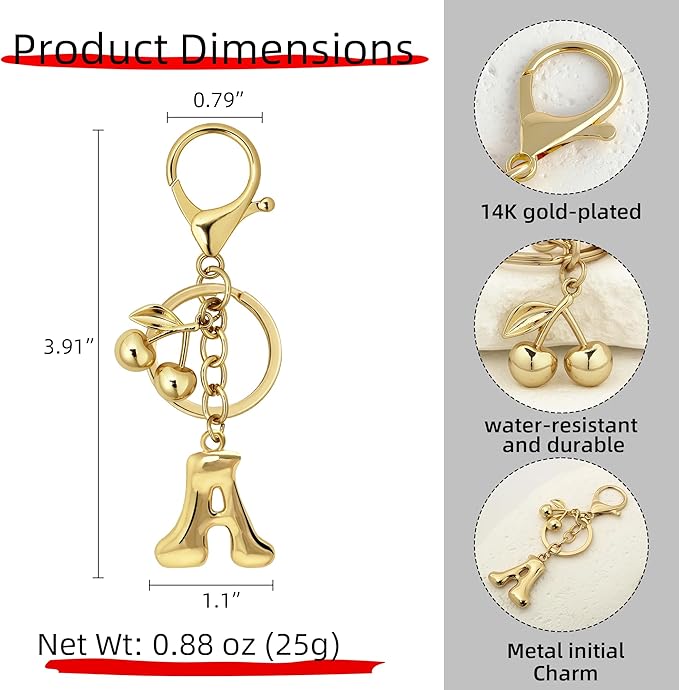 Gold Bubble Heart, Cherry, Bow & More Designs Letter Initial Keychain Bag Charms – Cute Purse Charms for Handbags