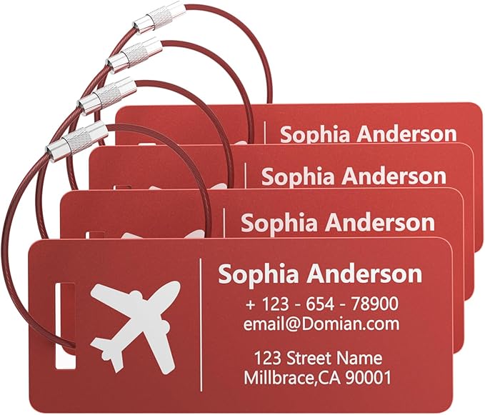 4 Pack Personalized Luggage Tags, Custom Engraved Aluminum Luggage Tags with Your Personalized Text, Waterproof Metal Name Tags with Steel Loop for Bags, Suitcase, Baggage, Backpack (Red, Small)