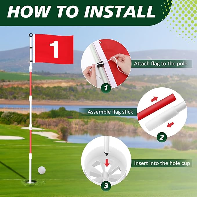 Golf Flagstick 6ft, Golf Pin Flag Hole Cup Set Putting Green Flags and Poles Numbered Golf Flags for Driving Range Backyard, Portable 5 Section Design for Golf Practice, Gift Idea