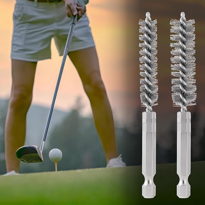 2pcs Golf Club Head Hosel Brush, Stainless Steel Bore Wire Brush with Hex Shank Handle, Golf Club Shaft Ferrules Cleaning Tool for Electric Drill- Silver