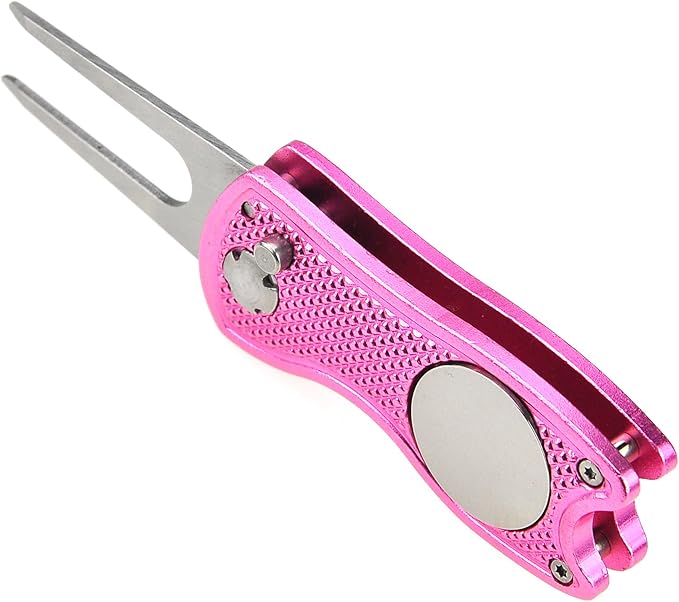 Mile High Life Microfiber Waffle Pattern Golf Towel | Club Groove Cleaner Brush | Foldable Divot Tool with Magnetic Ball Marker (Pink Towel/Brush/Fish Divot)