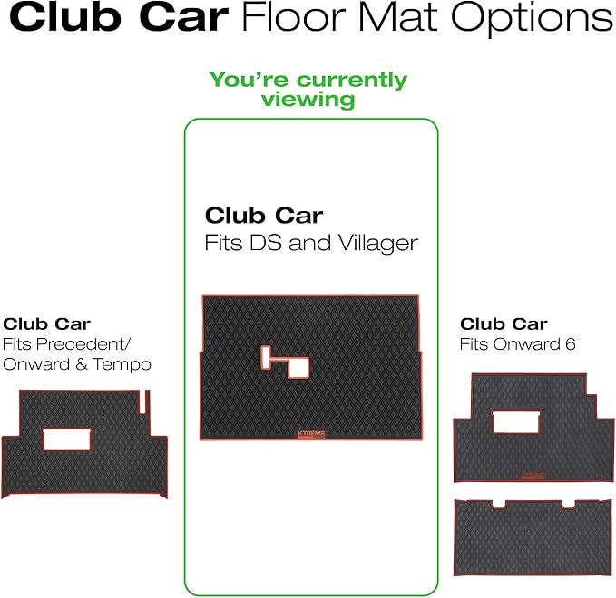 Xtreme Mats Club Car Compatible Golf Cart Mat, Full Coverage Rubber Floor Liner - Fits Club Car DS (1982-2013) and Villager (1982-2018) - Black with Blue Trim
