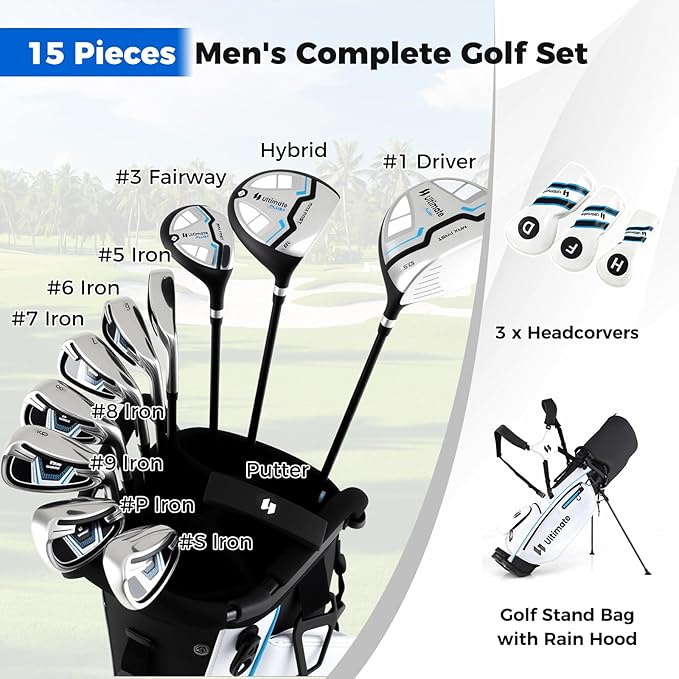 ULTIMATE 12 Pieces Men's Complete Golf Clubs Set w/Golf Stand Bag, 460cc #1 Driver, #3 Fairway, #5 Hybrid, #5#6#7#8#9#P#S Irons, Putter, Full Right-Handed Golf Set for Men