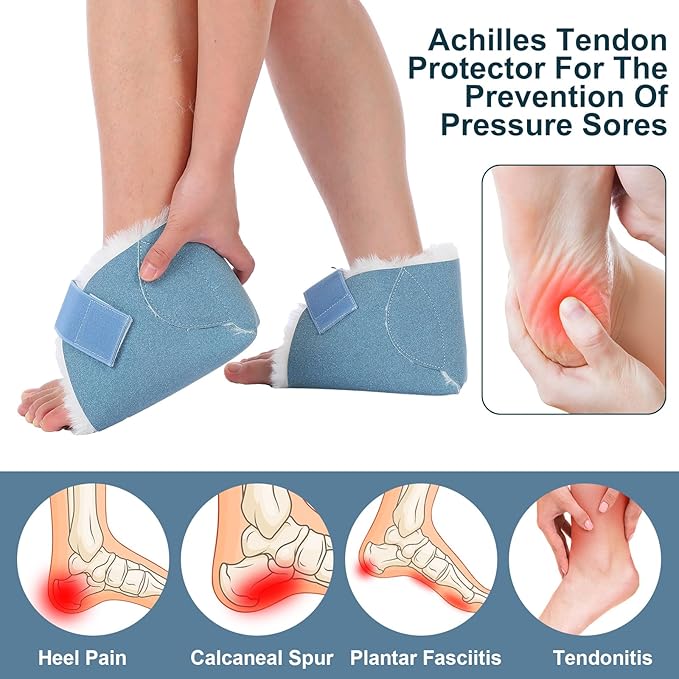 2 Pcs Heel Protectors for Pressure Sores Sheepskin Heel Pads Soft Foot Cushions Pad Protectors Adjustable Foot Pillows with Securing Strap for Bed Sore Ankle Ulcers(Light Blue)