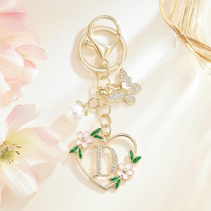 Gold Heart Initial Letter Keychain for Women Key chain Keyring for Purse Handbags Backpack Charm