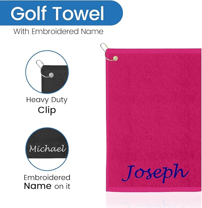 Personalized Passion Golf Towel with Embroidered Name - 16"x26" Cotton Plush Velour Golf Towels with Clip for Men and Women - Accessories Gifts for Golfers - Hot Pink