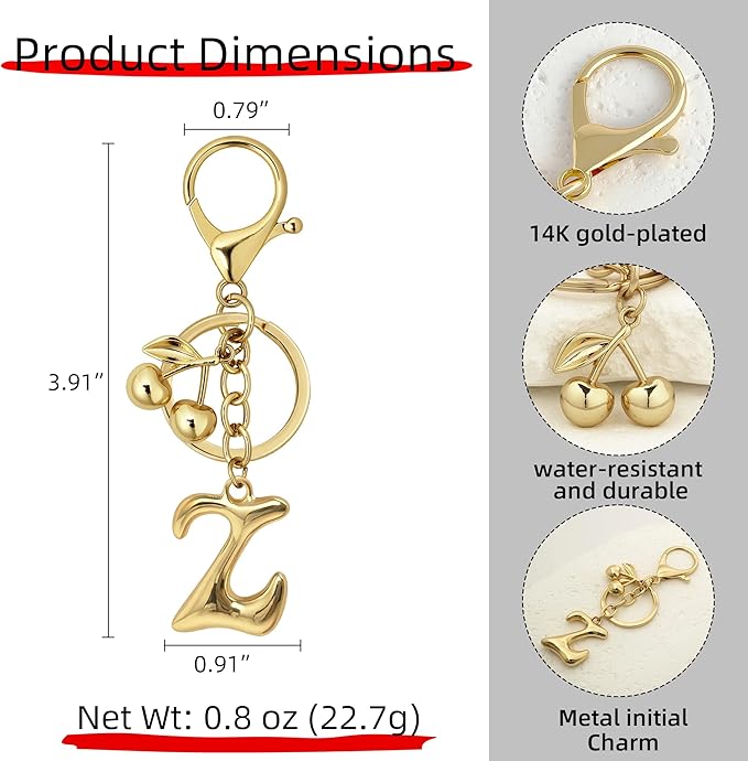 Gold Bubble Heart, Cherry, Bow & More Designs Letter Initial Keychain Bag Charms – Cute Purse Charms for Handbags