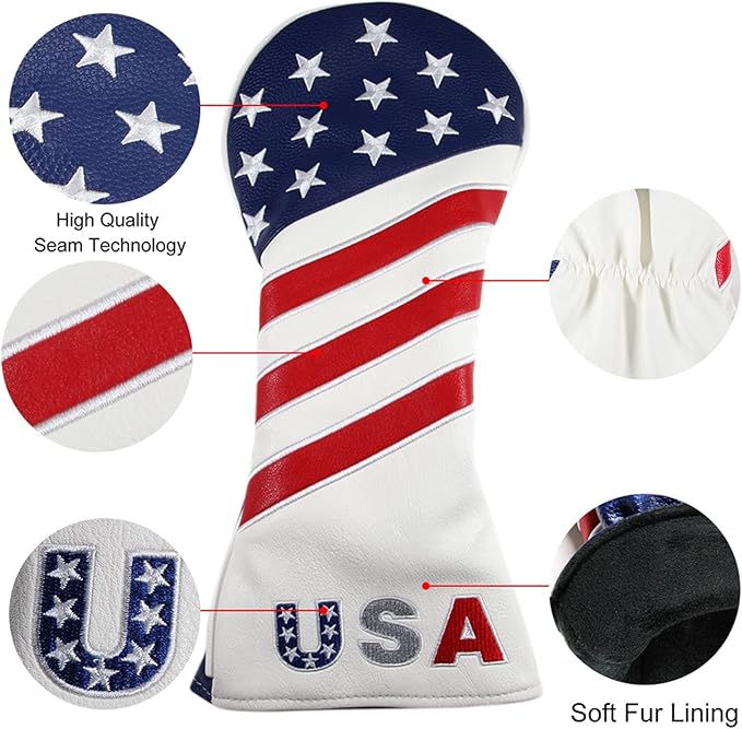 Golf Head Covers, for Fairway Woods Driver Hybrid 1 3 5 UT GLOOF Golf Club Head Covers USA Stars and Stripes with Interchangeable ID Tags Leather 3 Wood Driver Headcovers