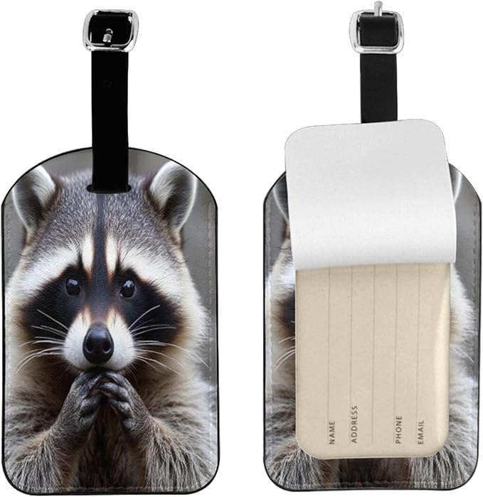 Cute Raccoon Luggage Tag for Suitcases,Grey Animal PU Leather Baggage Tags Bag Tags Travel Id Label for Luggage Women Men -1 Piece