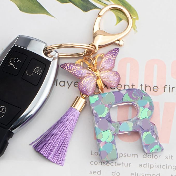 Suweibuke Colourful Cute Initial Letter Keychains for Women Girls with Tassel Butterfly, Charm for Purse Handbags Backpacks
