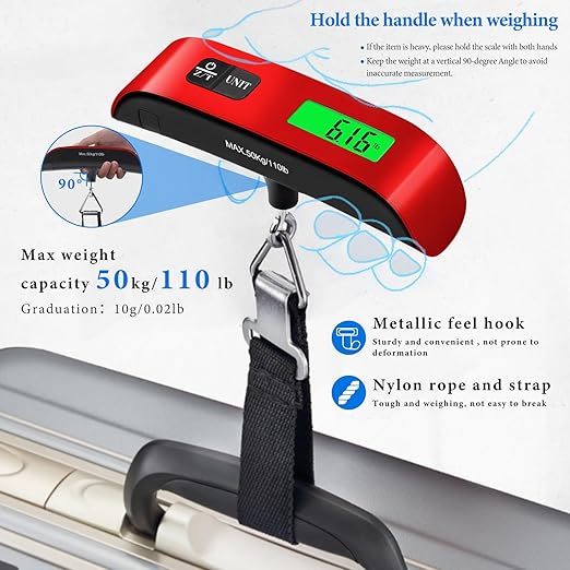 Luggage Scale, 110lb Luggage Weight Scale with 4 Unit Switching Functions&LED Display, Luggage Scale Travel Digital for Weighing Luggage, Backpacks, Packages and Markets(Red)