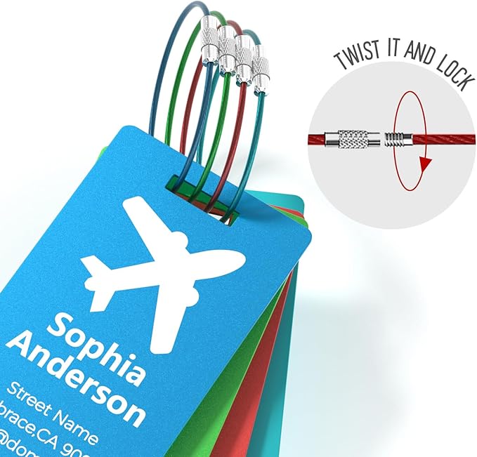 4 Personalized Metal Luggage Tags for Suitcase, Laser Engraved with Text and Logo, Custom Aluminum Name Tags with Stainless Steel Ring, for Travel, Golf Bag, and Baggage (Pink)