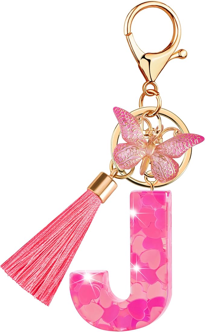 Suweibuke Colourful Cute Initial Letter Keychains for Women Girls with Tassel Butterfly, Charm for Purse Handbags Backpacks