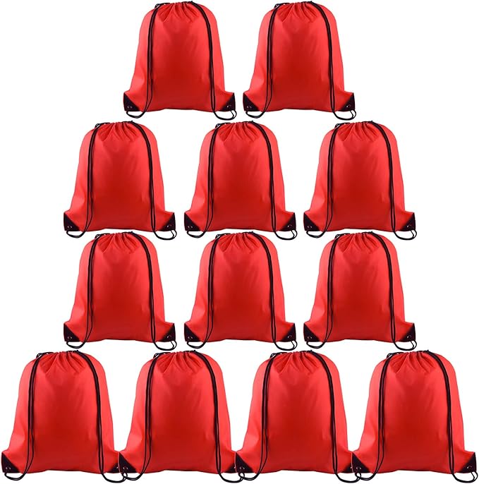 KUUQA 12 Pcs Drawstring Backpack Bags Sport Gym Sack Cinch Bags Bulk for School Traveling and Storage (Red)