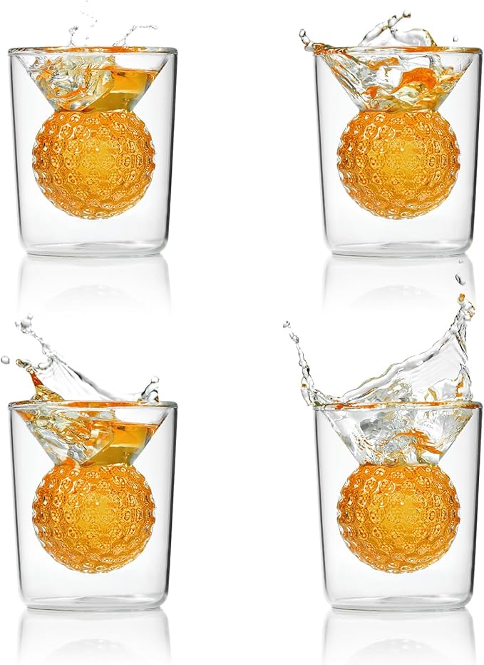 Golf Ball Shot Glasses Set of 4, Funny Handmade Birthday Gifts for Men and Women - 2oz Double Walled with 3D Shape Golf Ball Inside, Tequila, Whiskey, Cocktail Presents for Golfer