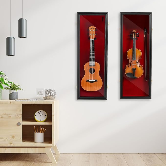 33.25'' Violin Display Case with Bow Holder and Lock Violin Case Hanger Stand Wall Mounted Shadow Box for Guitar Fiddle Ukulele with Acrylic Transparent Door for Christmas Collector Gift