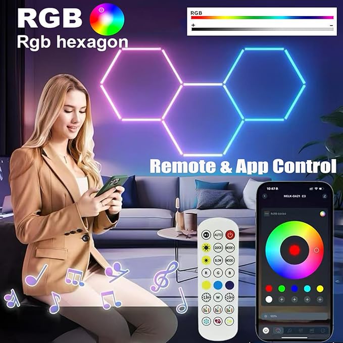 25Pack RGB Hexagon led Garage Lights,5Hexagon Light with Multi Color,Dimmable&Speed Adjustable RGB Hex Wall Lights,DIY Design for Remote Control & Smart App Control Music Modes