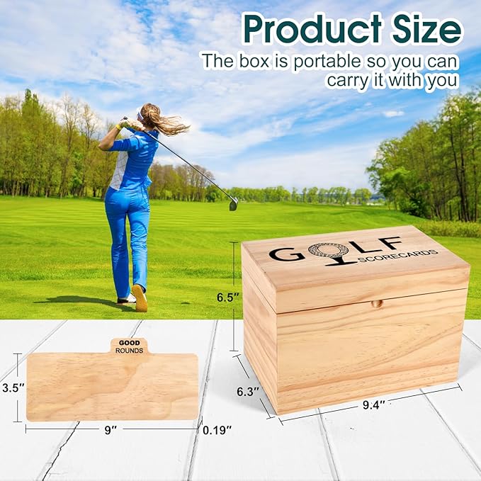 YeeBeny Golf Scorecard Collection Box, Golf Storage Box With 5 Wooden Dividers, Scorecard Keeper For Keepsakes Cards Club Storage Score Book Pencil Log, Unique Golf Gift
