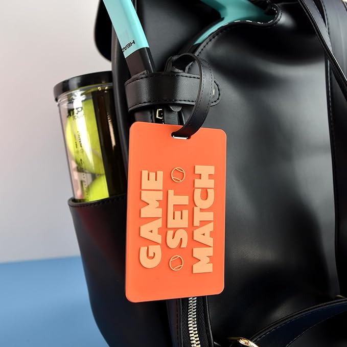 Tennis Bag Tag – Game Set Match Orange, Silicone Luggage Tag for Tennis Bags & Travel, Waterproof & Durable, Secure Strap for Easy Identification, Perfect Tennis Gift