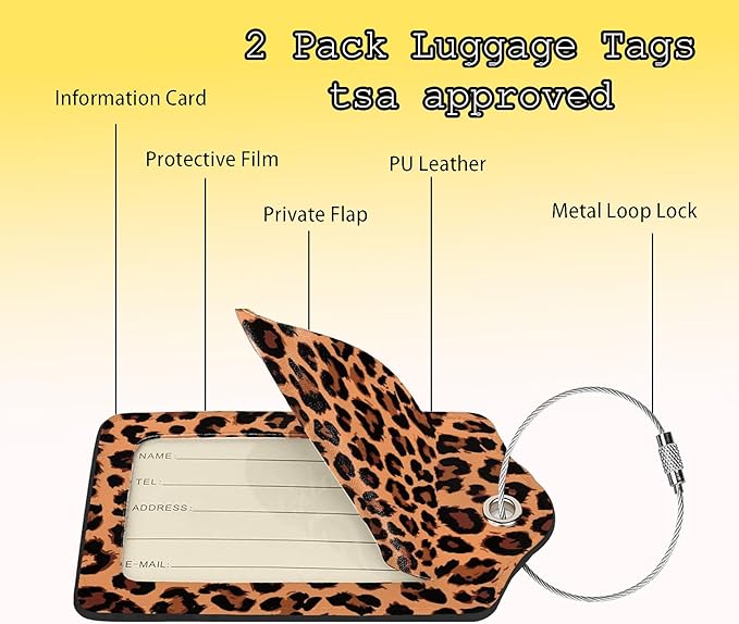 TSA Approved Luggage Tags for Suitcases Cheetah Leopard 2 Pack Funny Leather Carnival Cruise Airport Cute Travel Name Tags Golf Bag tag Ships Essentials Privacy Cover ID Label for Women Men