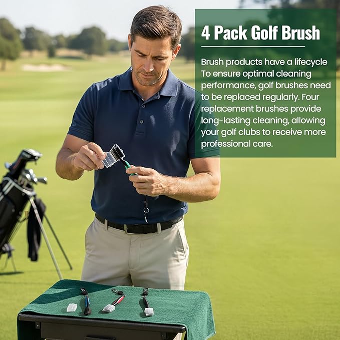 Golf Club Brush and Club Groove Cleaner with Retractable Zip-line and Aluminum Carabiner Cleaning Tools