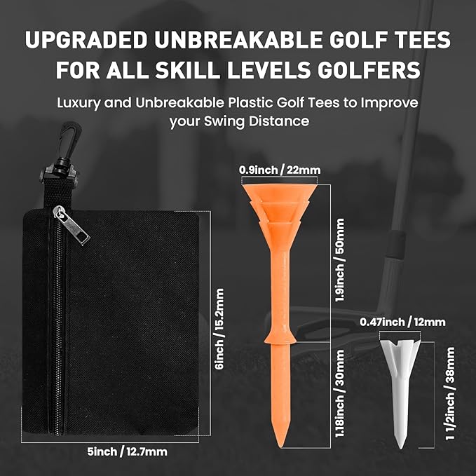 FINGER TEN Golf Tees Plastic Unbreakable 30 Tees 3 1/4 Inch and 20 More Short Tees 1 1/2 Inch with Black Golf Tee Bag, Easy to Find Value Gift Set