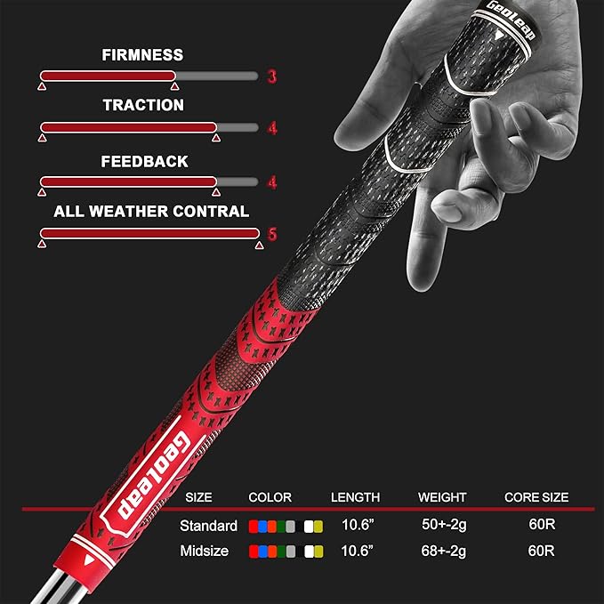 Geoleap Golf Grips Set of 13- Cord Rubber Compound Material, Hybrid Golf Club Grips, All Weather Performance.