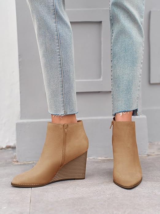 LAICIGO Womens V Cut Wedge Ankle Booties Zip-up Closed Toe Stacked Heel Faux Suede Winter Boots