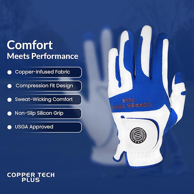 Men’s Golf Glove – White/Royal Blue – Copper Infused Compression for Arthritis Relief, Non-Slip Silicone Grip – USGA Approved