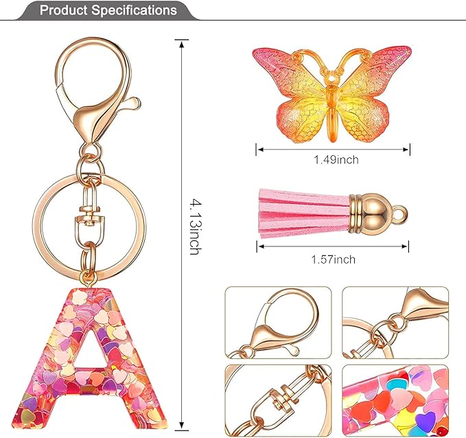 JINGUAZI Initial letter Keychains for Women Tassel Butterfly Pink Purple Cute Car Keychain for Wallet Backpack bag charm