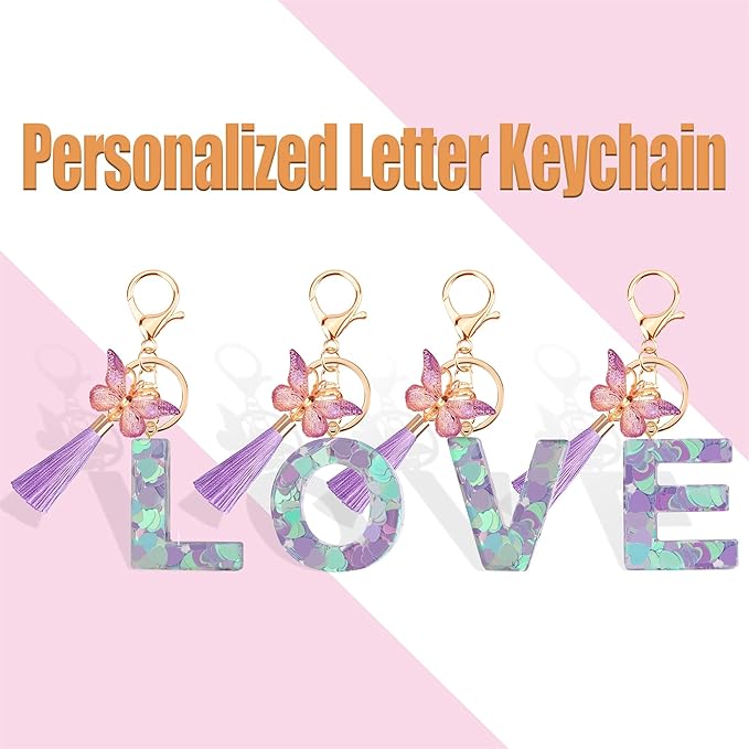 Suweibuke Colourful Cute Initial Letter Keychains for Women Girls with Tassel Butterfly, Charm for Purse Handbags Backpacks