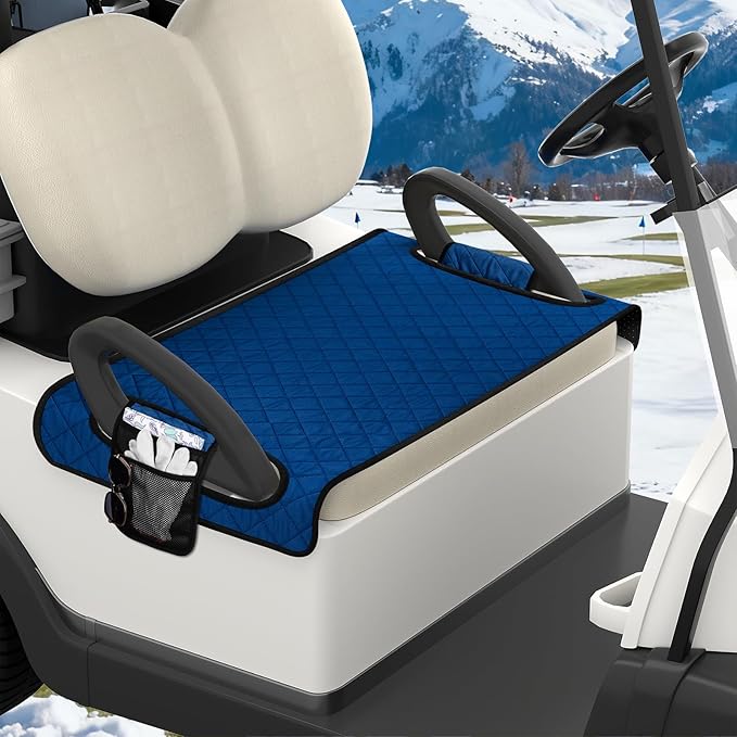 Universal Golf Cart Seat Covers Waterproof Golf Cart Seat Protector with 4 Side Pockets & Anti-Slip Bottom Fits for Most Golf Carts,Fits for EZGO,Club Car,Yamaha and More(Blue with side pockets)