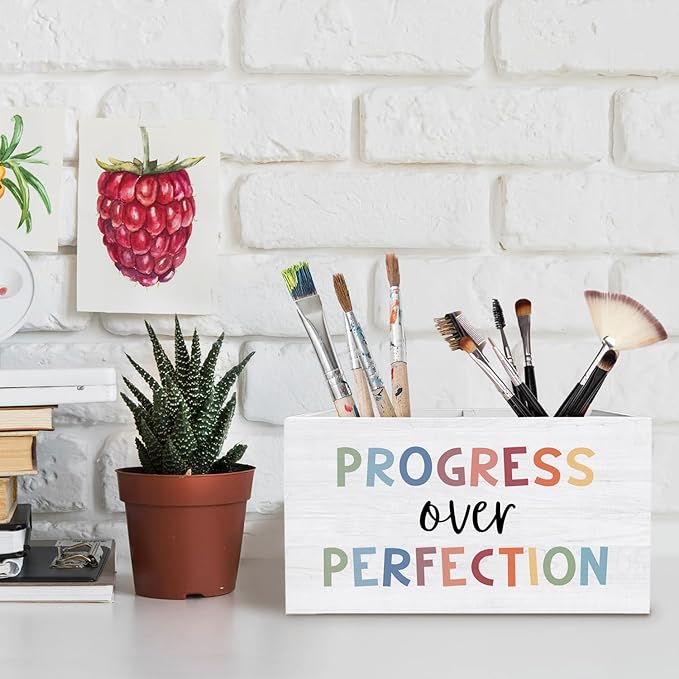 Boho Inspirational Classroom Decor, Motivational Pen Pencil Holder for Desk, Progress Over Perfection Affirmation Wooden Box Sign Desk Decor for Classroom Kids Room Decoration