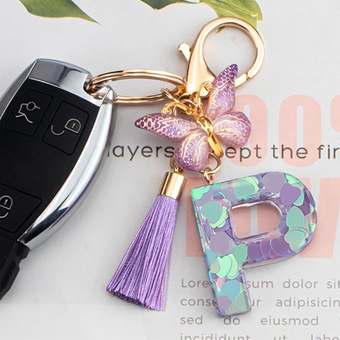 Suweibuke Colourful Cute Initial Letter Keychains for Women Girls with Tassel Butterfly, Charm for Purse Handbags Backpacks