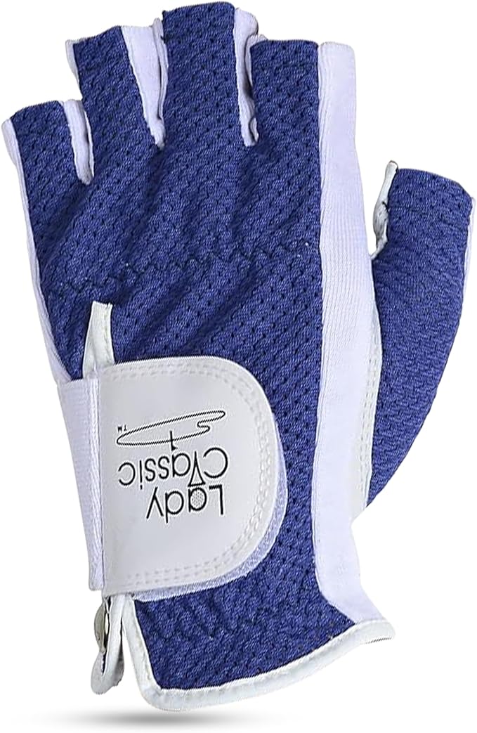 Mesh Half Golf Glove for Women – Premium Cabretta Leather Palm, Breathable Mesh Back, Half-Finger Design Ladies Golf Glove for Enhanced Grip & Comfort