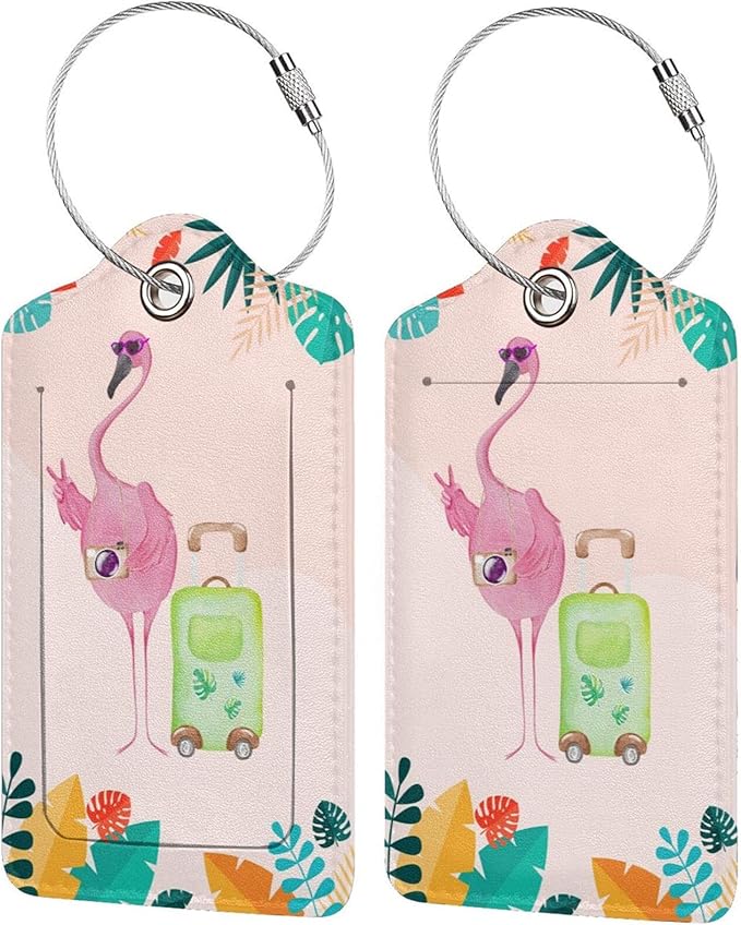 Flamingo 2 Pcs Luggage Tags, Privacy Cover Id Label with Stainless Steel Loop and Address Card for Suitcases & Travel Bags