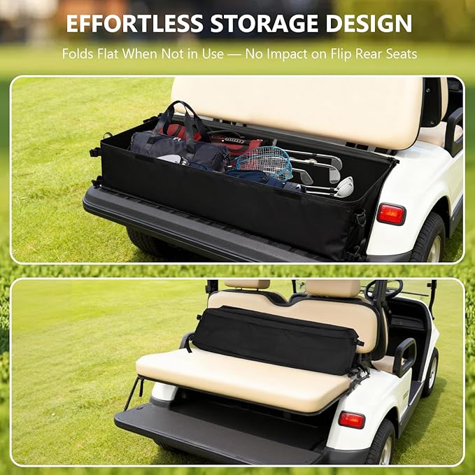 Golf Cart Storage Bag, Golf Cart Accessories Compatible with Yamaha, Club Car, EZGO, Cargo Box with Strong Buckles & Adjustable Straps for 2+2 Passenger Golf Carts, No-Drill Design (Bag Only)