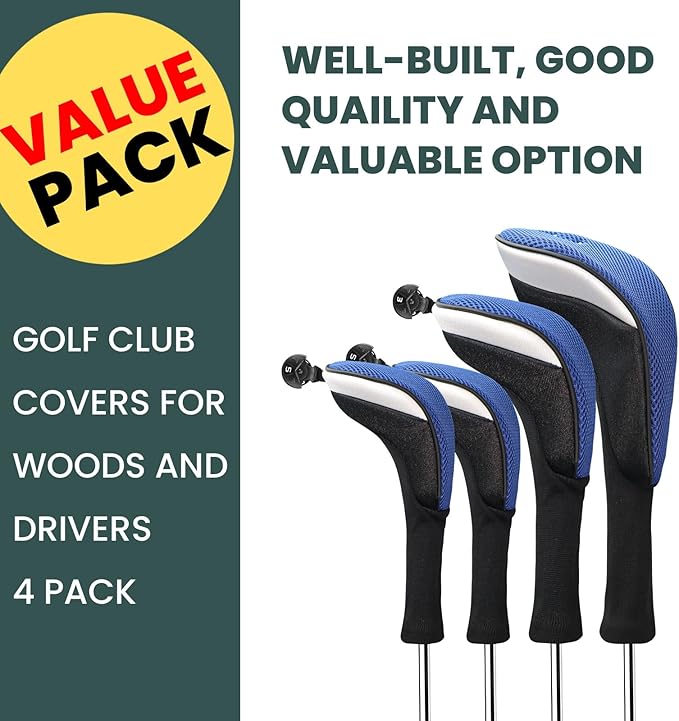 FINGER TEN Golf Club Head Covers Woods Driver Fairway Hybrid 3/4/5 Set, Headcovers Men 1 3 5 7 X Interchangeable Number Tag, Fit All Wood Clubs