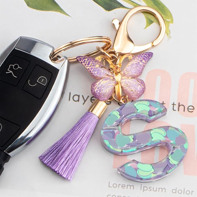 Suweibuke Colourful Cute Initial Letter Keychains for Women Girls with Tassel Butterfly, Charm for Purse Handbags Backpacks