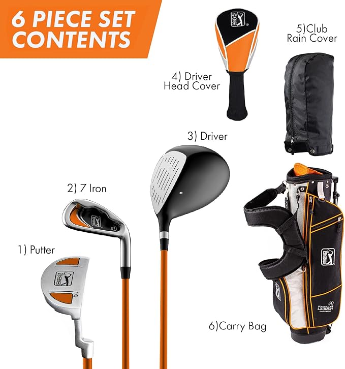 PGA Tour Youth Golf Club Set for Ages 8-12 (4’8”-5’2”) and 12+ (5’2”+), Right and Left-Handed Kids Golf Sets – Beginner Junior Golf Clubs with Lightweight Stand Bag, Mallet Putter, Hybrid, Driver