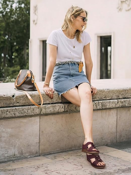 TEMOFON Womens Wedge Sandals Leather: Dressy Sandal, Rubber Sole, Comfortable Walking, Casual Slip on Summer Shoes, Size 5-11