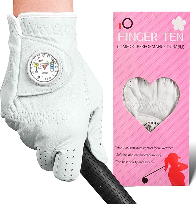 FINGER TEN Golf Gloves Women All Premium Cabretta Leather 1 Pack, Soft Comfortable & Breathable Grip Glove with Ball Marker Left Hand for Right Handed Golfer