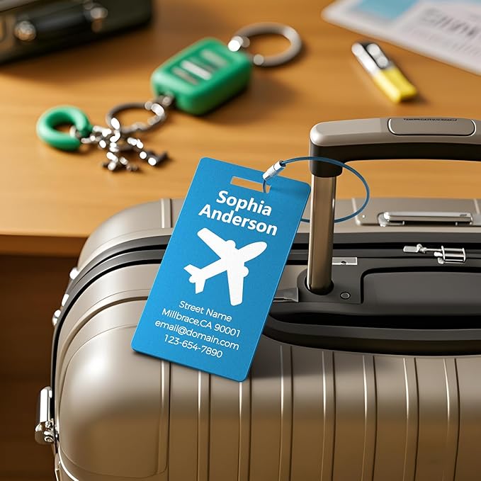 4 Pack Personalized Luggage Tags, Custom Engraved Aluminum Luggage Tags with Your Personalized Text, Waterproof Metal Name Tags with Steel Loop for Bags, Suitcase, Baggage, Backpack (Blue, Large)