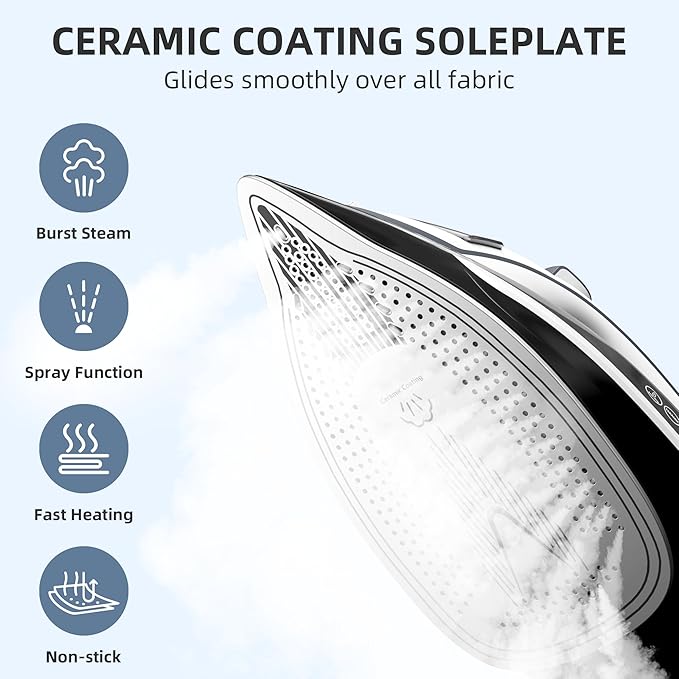 Steam Iron for Clothes 20s Fast Heat-up,1700W Iron with 14.07oz Large Water Tank,Non-Stick Ceramic Soleplate, Anti-Drip, Auto-Off, Burst Steam, Self-Cleaning, Ironing Clothes for Home, Grey