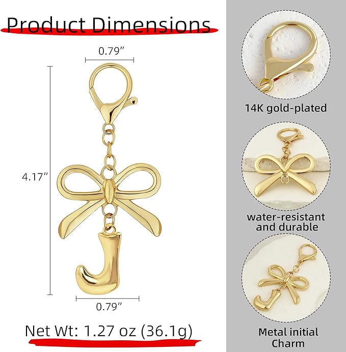 Gold Bubble Heart, Cherry, Bow & More Designs Letter Initial Keychain Bag Charms – Cute Purse Charms for Handbags