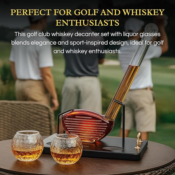 Golf Club Whiskey Decanter Set with 2 Crystal Glasses, 28.7oz Clear Borosilicate Glass 15.2oz Ball Cups for Bourbon Scotch Serving, Sports Themed Barware Birthdays Fathers Day Retirement Gifts for Men