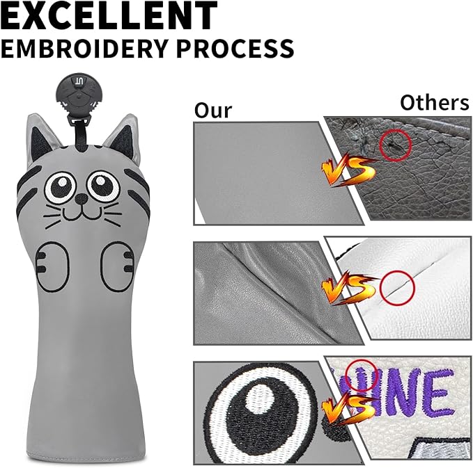 Golf Kitty Head Cover Golf Club White Leather Headcovers 1pc/4pcs Set Fits Driver Fairway Wood Hybrid Utility Putter Iron Wedge Headcover.
